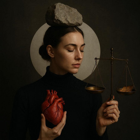 Woman holding a human heart and scales of justice on a dark background