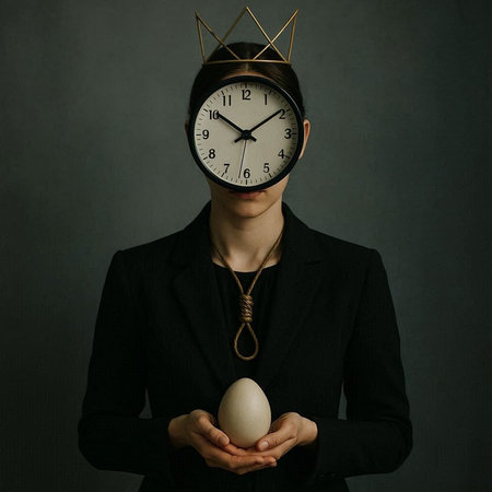 Businesswoman with clock and egg in her hands. Time management concept