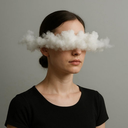 Woman with cloud on her head, isolated on grey background. Cloud computing concept