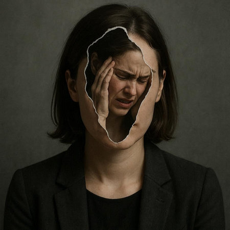 Young woman suffering from headache, migraine or stress. Portrait of stressed businesswoman on dark...