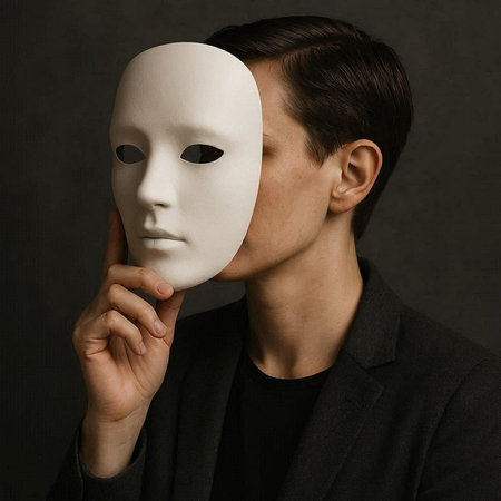 Young man in black suit with white mask on his face. Studio shot.