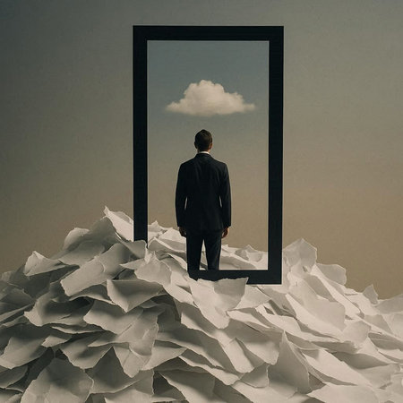 Businessman looking through a hole in paper with clouds in the sky
