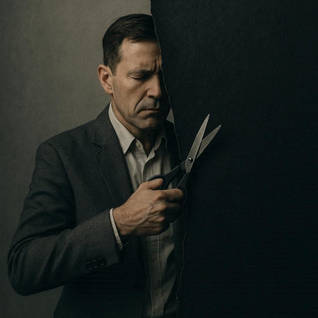Portrait of a mature man cutting a piece of paper with scissors