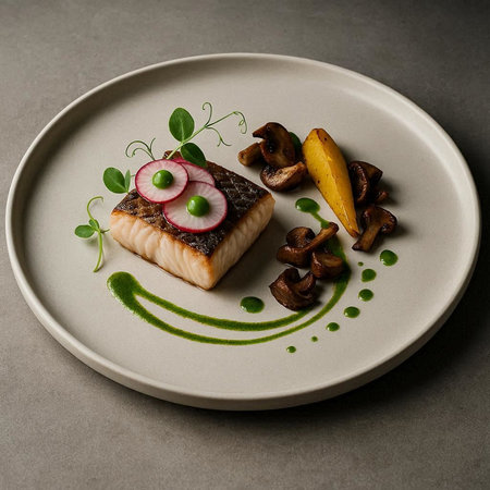 Cod fish fillet with mushrooms and radish on a plate.
