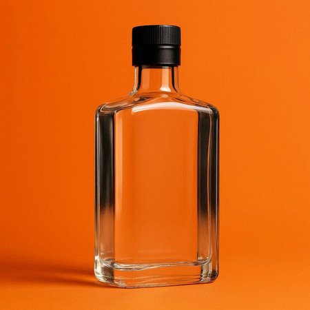 bottle of whiskey on a bright orange background. close-up