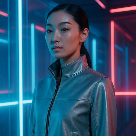 beautiful asian woman in leather jacket looking at camera in neon light