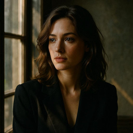 Portrait of a beautiful brunette woman in a black suit.