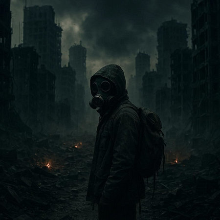 Man in gas mask on a dark background. Man in a gas mask on the background of a destroyed building
