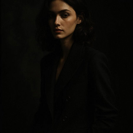 Portrait of a beautiful young woman in a black jacket on a dark background