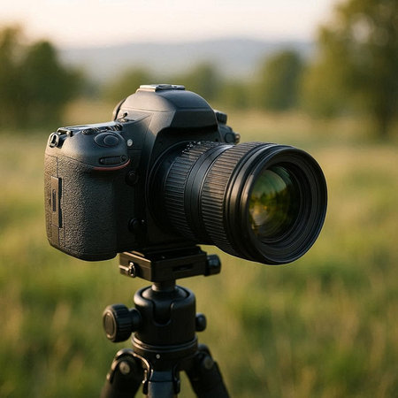 Professional camera on tripod in the field. Soft focus, shallow DOF.