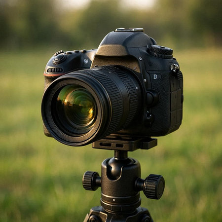 Digital SLR camera with a lens on a tripod in the field