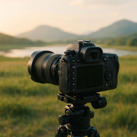 Digital SLR camera on tripod in the field with mountain background.