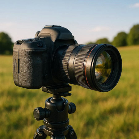 Professional camera on tripod in the field. Soft focus, shallow DOF.