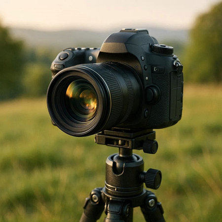 Digital camera on tripod in the field at sunset. Close-up.