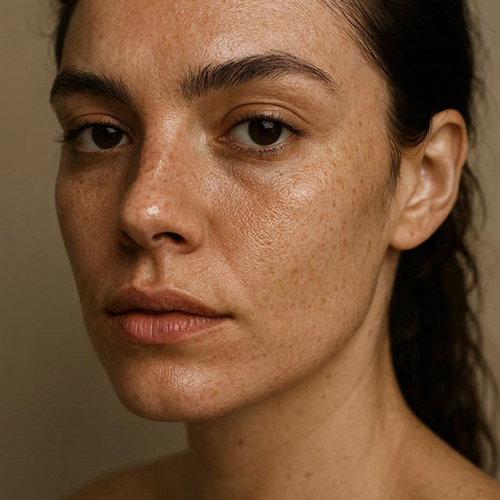 Portrait of a young woman with freckles on her face