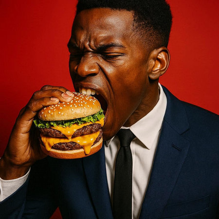 Young african american man in suit and tie eating hamburger on red background
