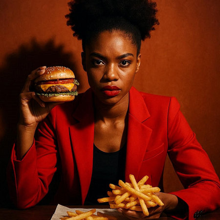 young african american woman in red jacket with french fries and hamburger