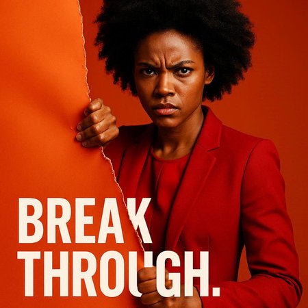 Young african american businesswoman looking through torn paper. Break the walls.