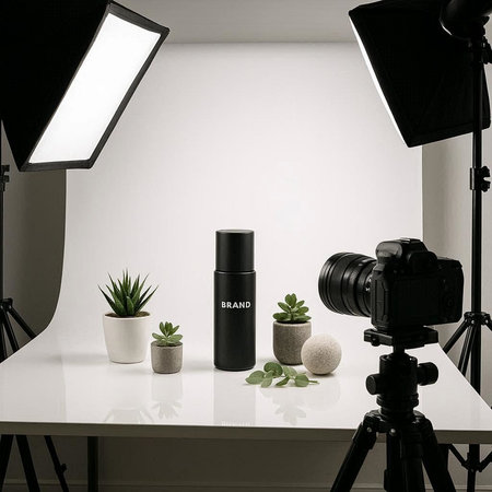 Photo studio with professional equipment and lighting equipment on a white table.