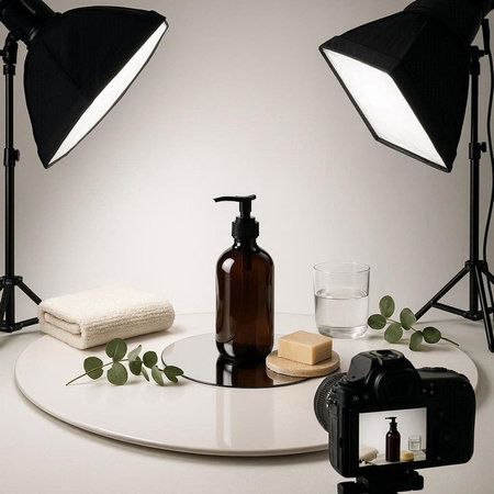 Spa still life with soap, towel and lighting equipment on white background