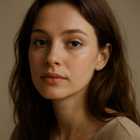Portrait of a beautiful young woman with long brown hair on a gray background