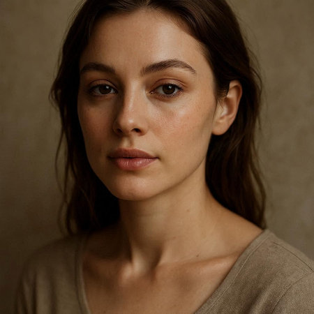 portrait of a beautiful young woman with brown hair in a beige sweater