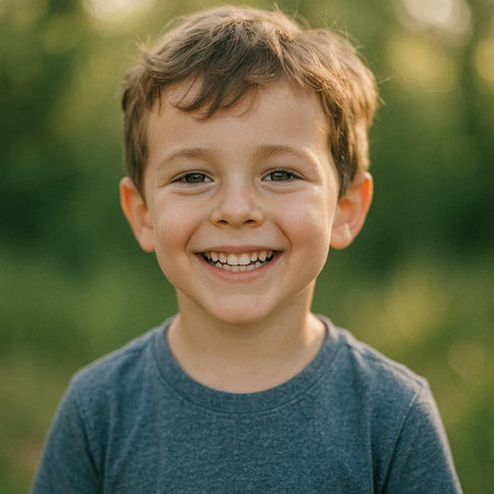 Portrait of a smiling boy in the park. Close-up.