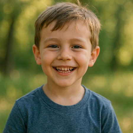 Portrait of a smiling little boy in a summer park. Close-up.