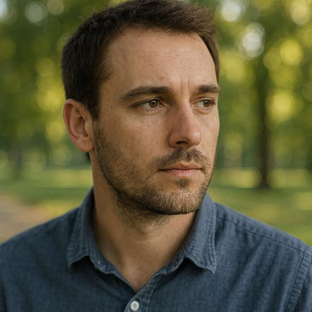 Portrait of a man in a blue shirt in the park.