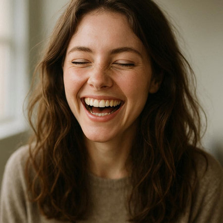 Close up portrait of a happy young woman laughing and looking at camera