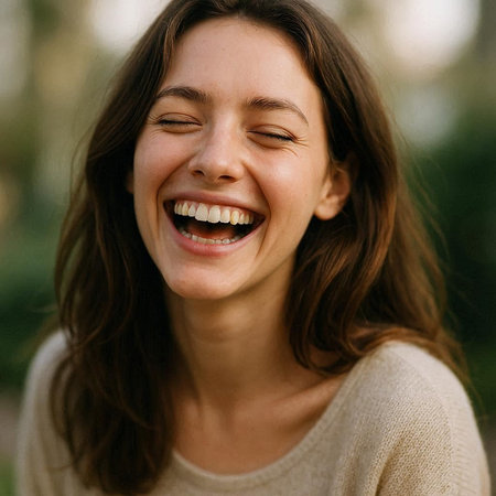 Close up portrait of a smiling young woman with long brown hair in a sweater.