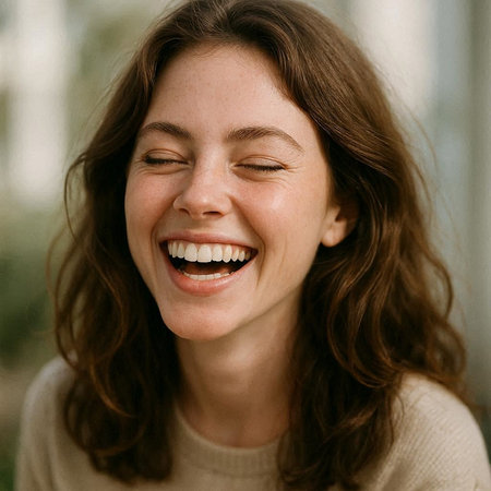 Portrait of a happy young woman laughing and looking at camera.