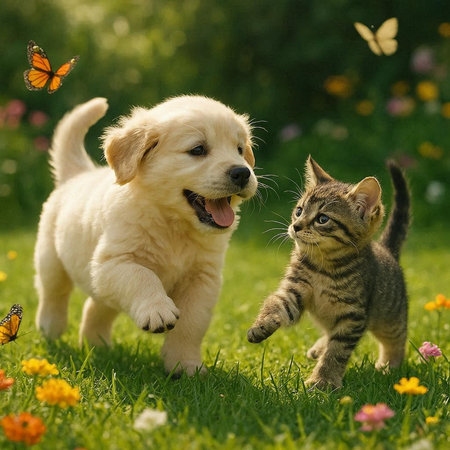 Golden retriever puppy and tabby kitten playing in the garden.