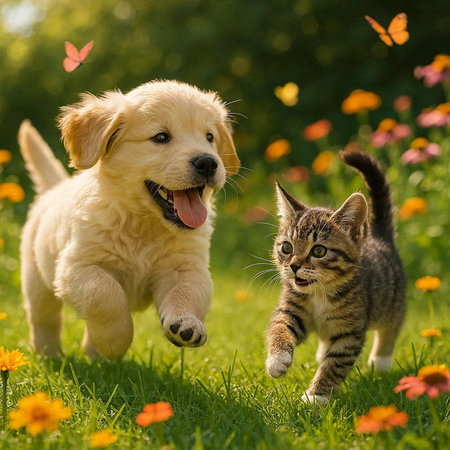 Golden retriever puppy playing with tabby kitten in summer garden.の写真素材