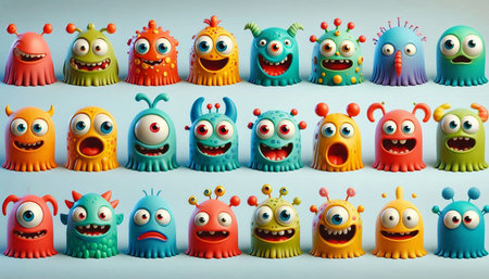 Set of funny colorful monsters on blue background. Funny cartoon monsters.