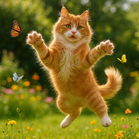 Cute ginger cat flying in the green meadow with flowers and butterfly