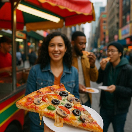 People eating pizza in New York City, United States of America.