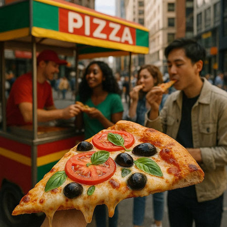 Pizza on the street in New York City, United States.