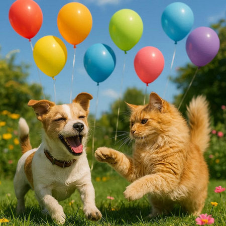 Cat and dog playing with balloons in the garden. Pet care concept.