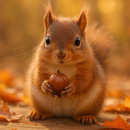Squirrel in the autumn forest with hazelnut in its paws