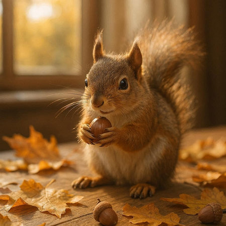 Eurasian red squirrel with hazelnuts in autumn forest.