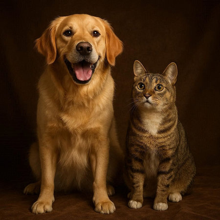 Golden Retriever dog and cat together on a brown background.