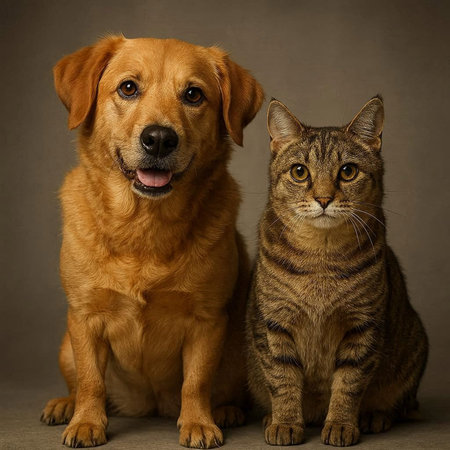Golden Retriever dog and cat sitting together. Studio shot.