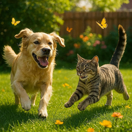 Cat and dog playing together in the garden. Concept of friendship.の写真素材