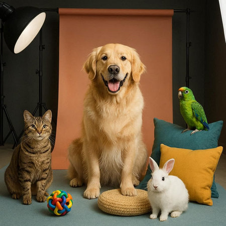 Golden Retriever dog, cat and green parrot in studio