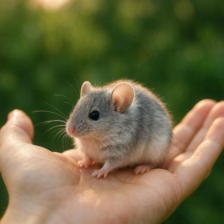 Small gray rat in the hands of a child on a green background