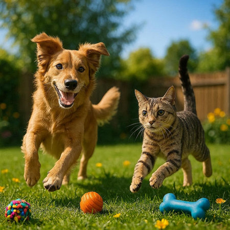 Cat and dog playing with toys in the garden. Pets care concept.