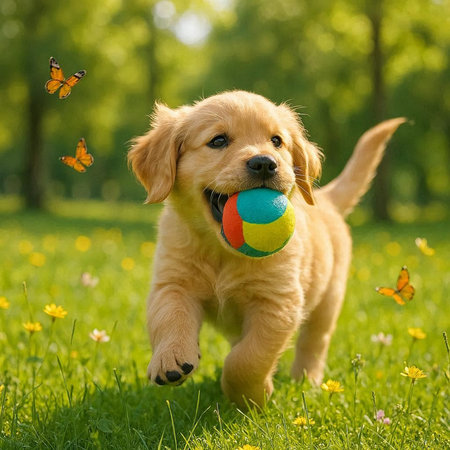 Golden Retriever puppy playing with a ball in the green grass