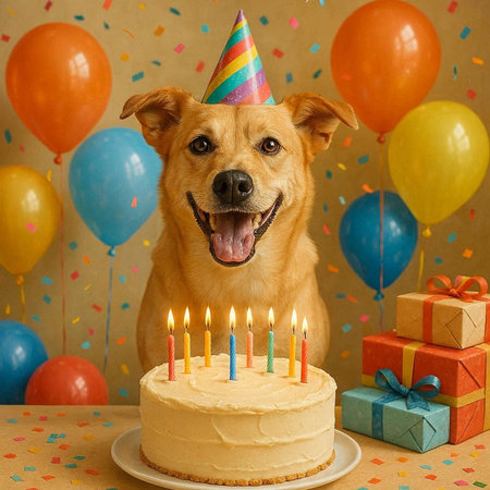 Funny dog with birthday cake and gift boxes on a background of balloons.