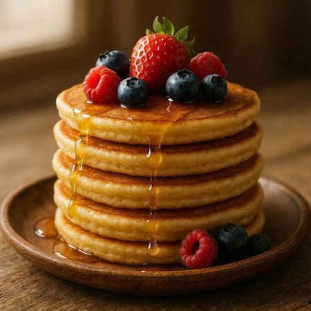 Stack of pancakes with fresh berries and maple syrup on wooden table.